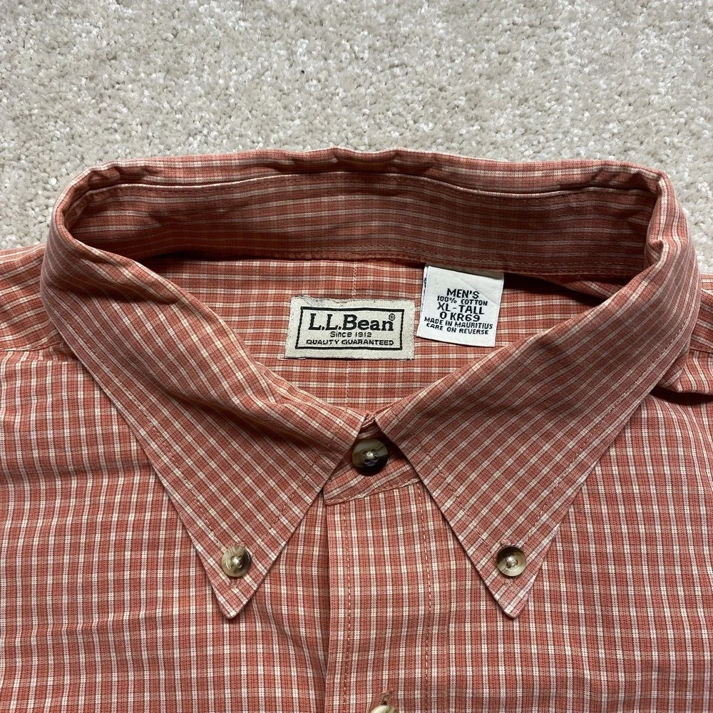 LL Bean‎ Shirt Mens XL Tall Orange Plaid Button Down Pocket Casual Outdoors